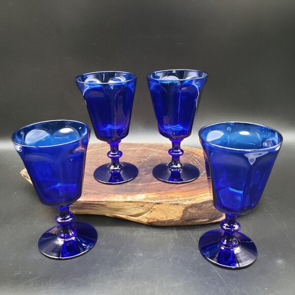 Bryce Antique Cobalt Blue Wine Glass 5" Set of 4 Paneled Blown Glass Vintage - Picture 1 of 5